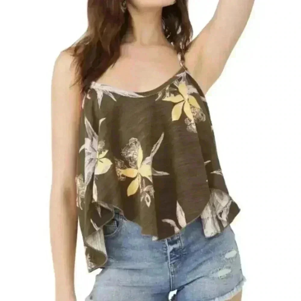 Free People Hey Girl Cotton Strappy Tank Top Floral Army Combo Small NEW